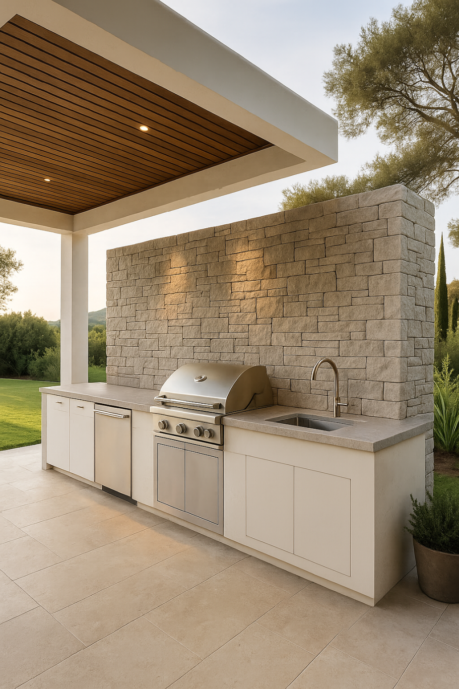 Parrilla al aire libre con encimera de Corian y fregadero, rodeada de naturaleza.